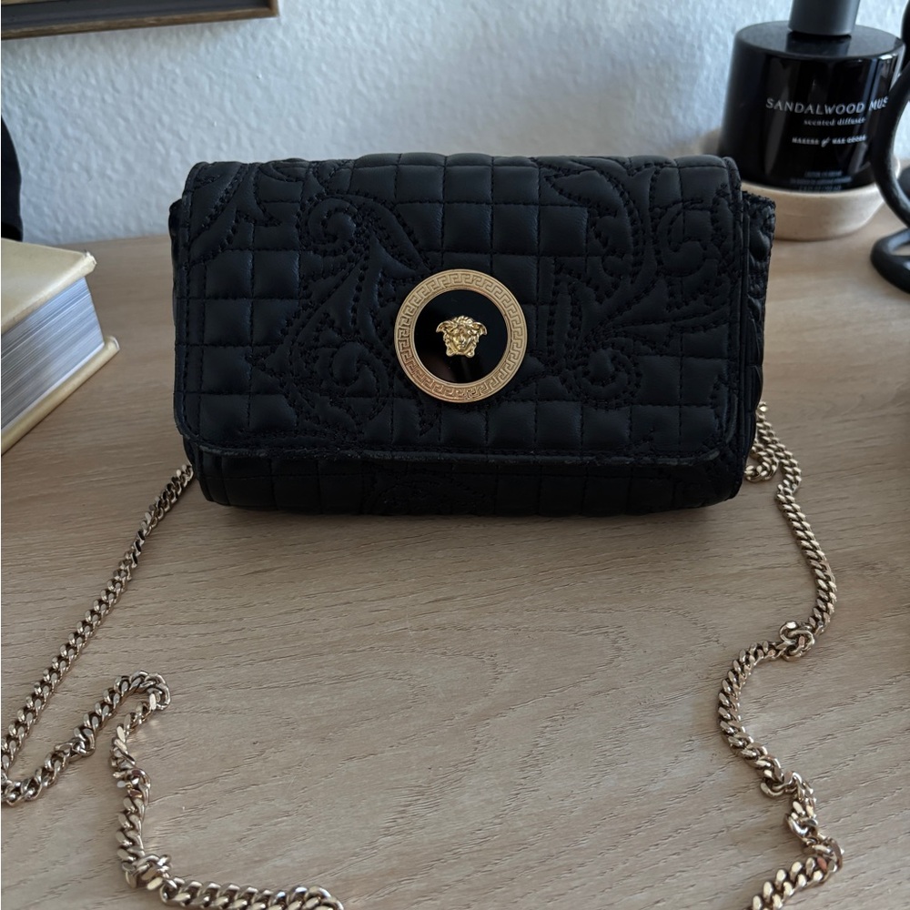 Versace Black Quilted Crossbody with Gold Chain
